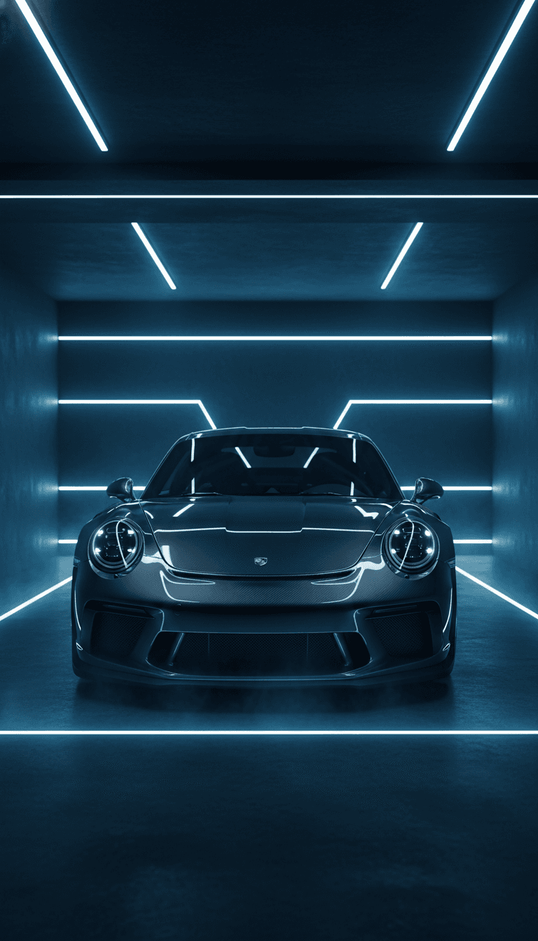 Luxury sports car in a cyan-lit tint studio